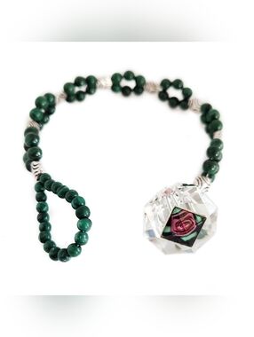 OOAK Handmade Glass Rose Button Clasp Bracelet With Malachite Beads